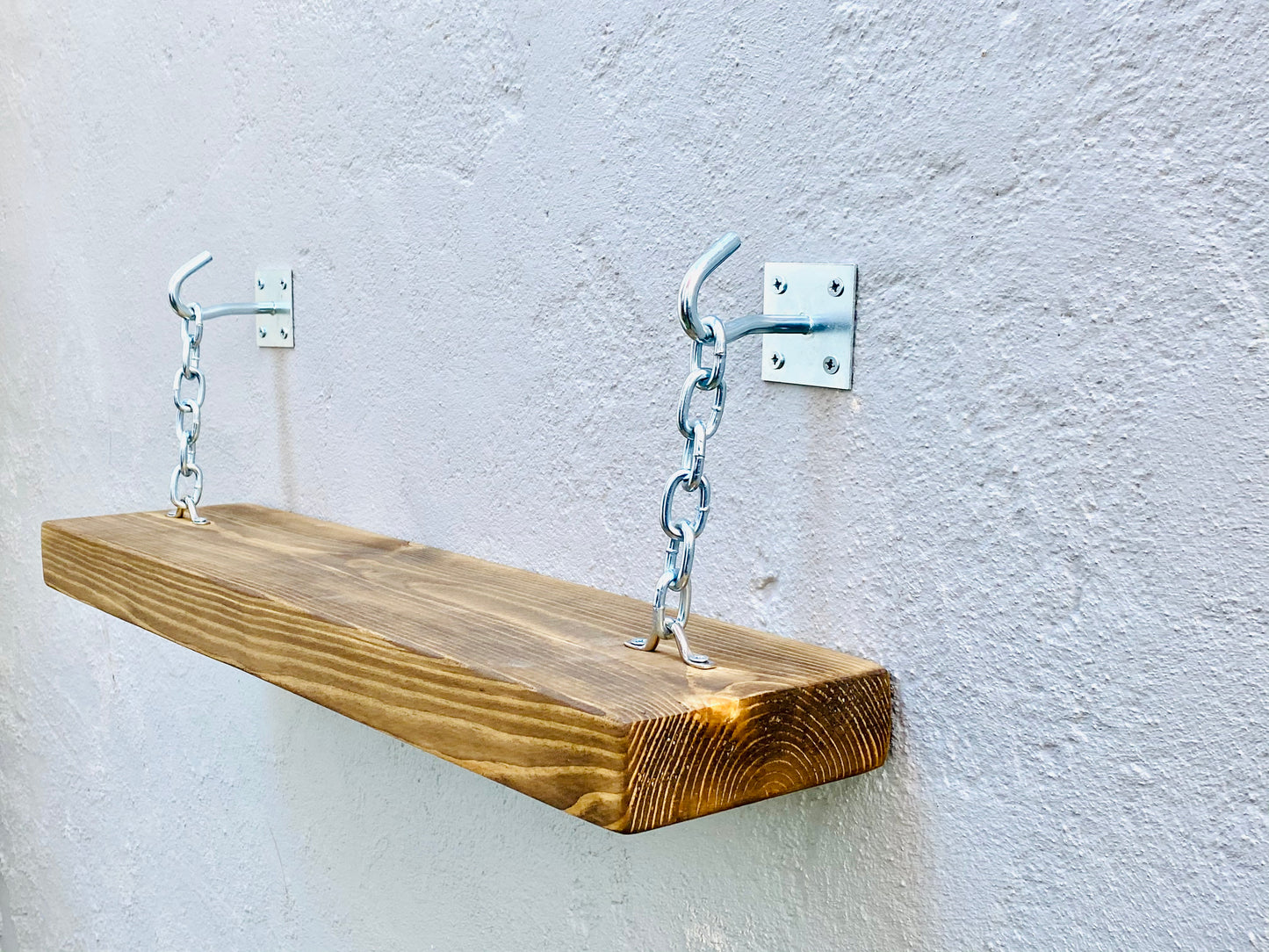Oak shelf with silver hook and chain brackets