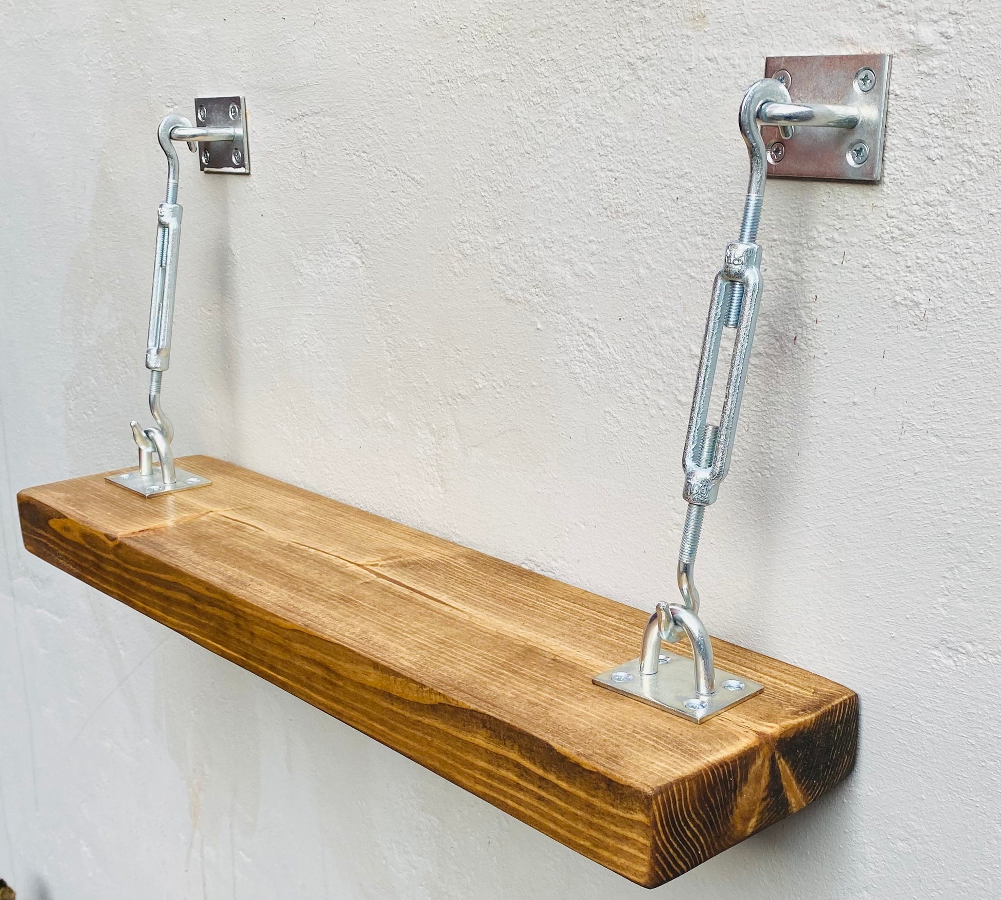 Oak shelf with turnbuckle shelf brackets wall mounted , buy now