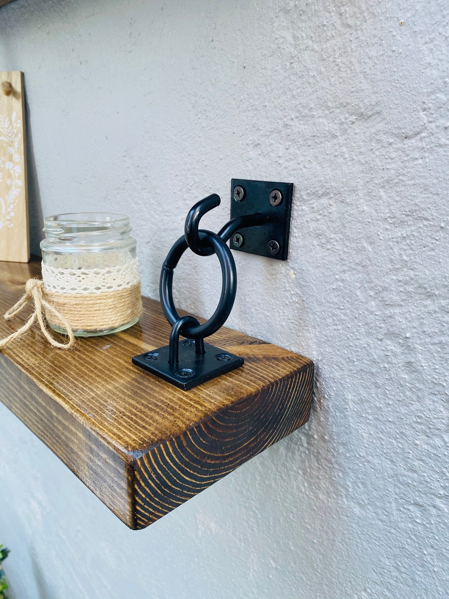 Rustic shelf with black hook and ring bracket wall mounted