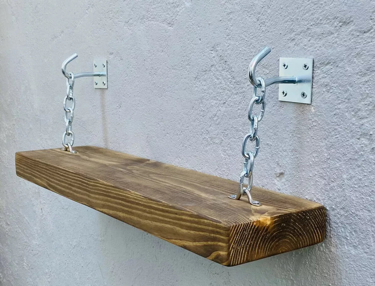 Rustic floating shelf with chrome hook and chain brackets wall mounted